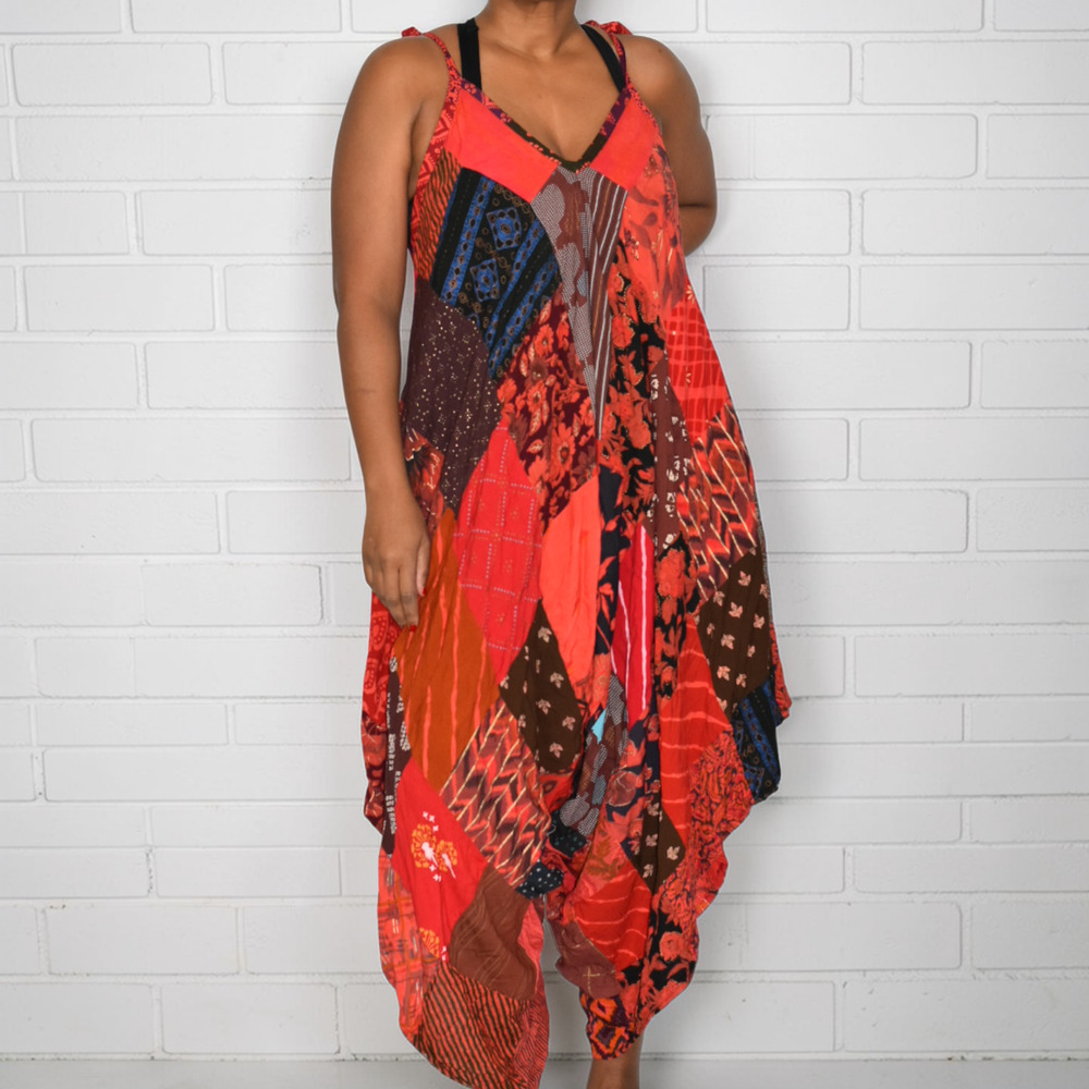 Boho Patchwork Harem Romper Red Tie Strap Jumper … - image 12